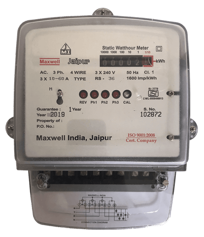 Maxwell Three Phase Static Watthour Meter, Counter Type Display