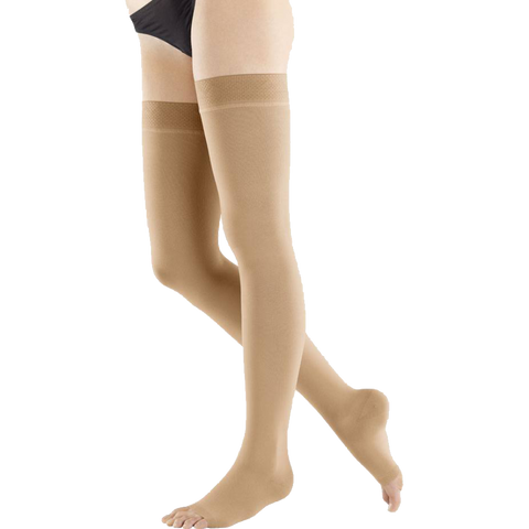 Bauerfeind VenoTrain Impuls, Type: AG (Thigh Length), Open Toe, Color: Caramel, Medical Compression Stockings